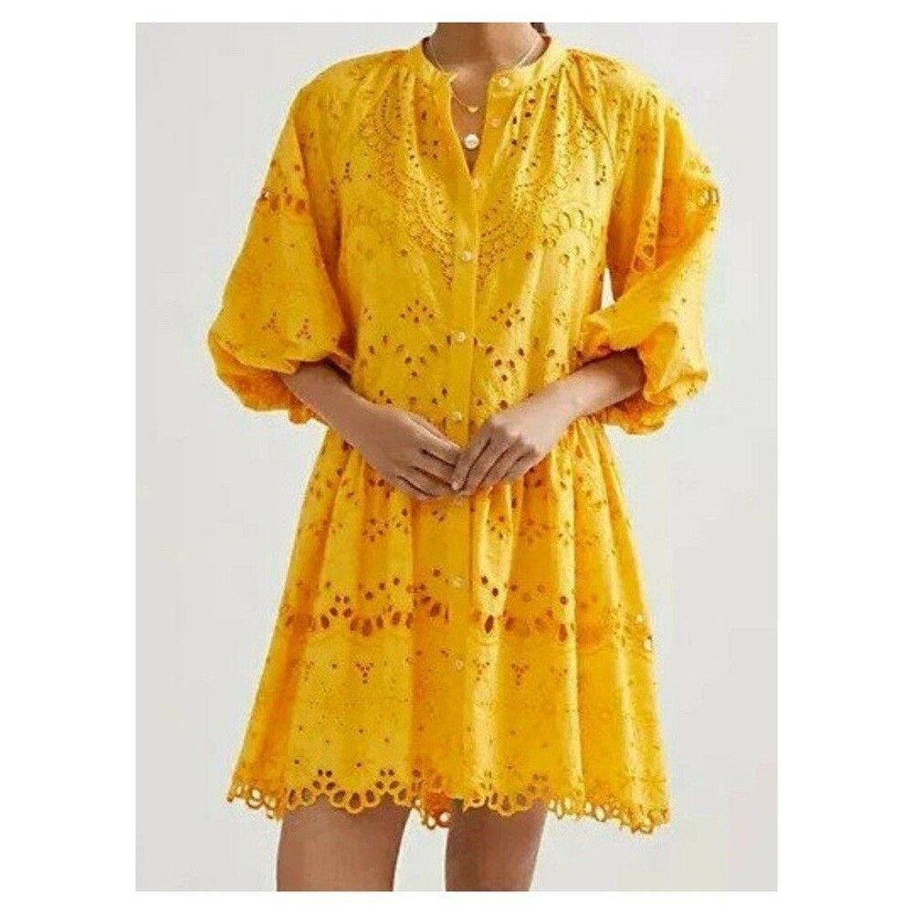 ANTHROPOLOGIE Tallulah Eyelet Mini Dress Yellow/Mango Sz M Cotton